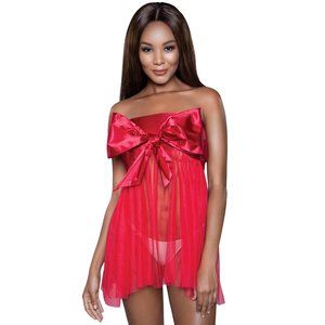 Satin and Mesh Wrap Babydoll with Oversized Bow